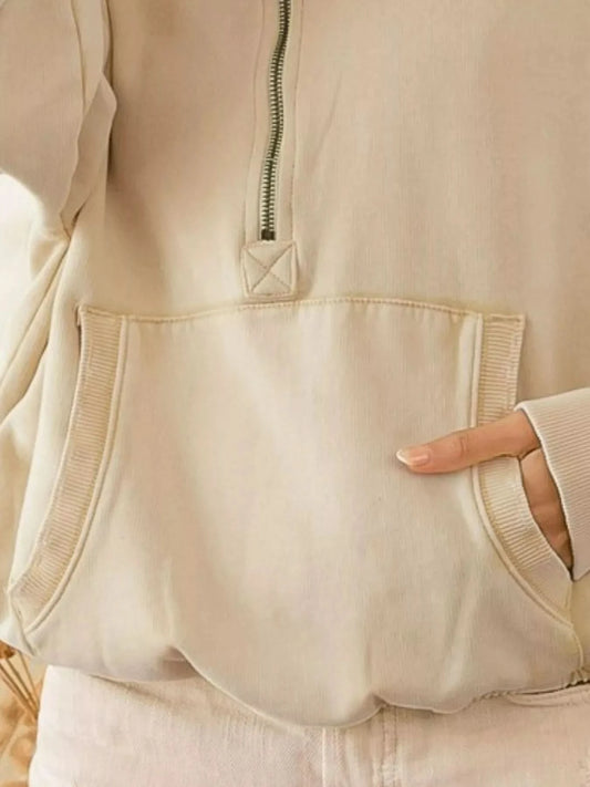 BiBi Stitch Detailed Elastic Hem Half Zip Fleece Hoodie in - photo
