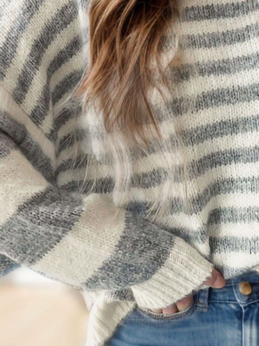 Striped Round Neck Dropped Shoulder Sweater in - Sweaters photo