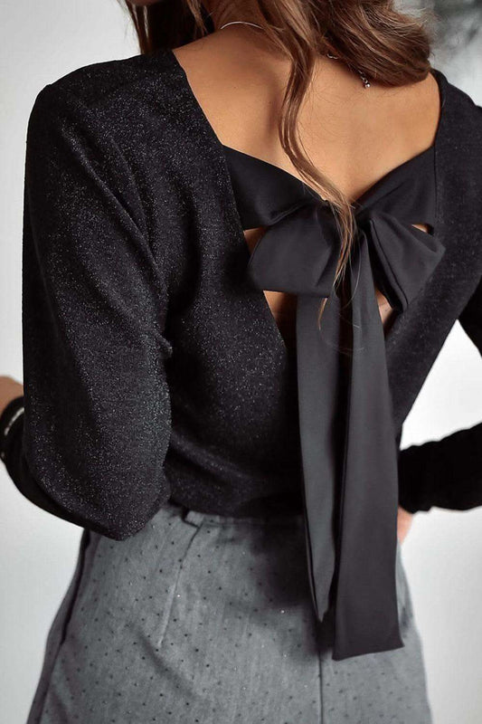 Bowknot V-Neck Long Sleeve Blouse in Black - photo