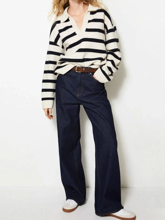 Striped Johnny Collar Long Sleeve Sweater in - photo