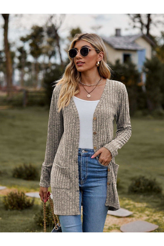 Dana Ribbed Button-UP Cardigan with Pockets in Khaki - Cardigans photo