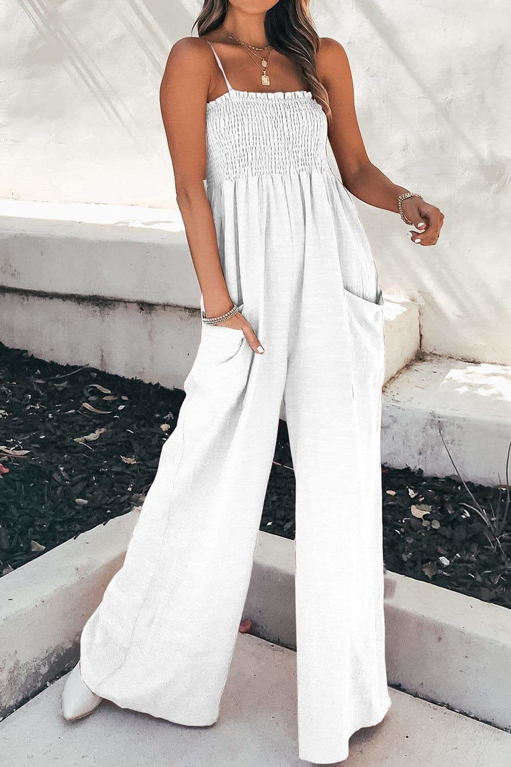 Dana Smocked Spaghetti Strap Wide Leg Jumpsuit in White - Jumpsuits & Rompers photo