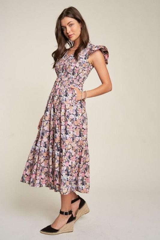 Davi & Dani Vintage Garden Floral Flutter Smocking Midi Dress - SwagglyLife Home & Fashion