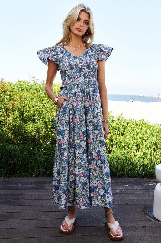 Davi & Dani Vintage Garden Floral Flutter Smocking Midi Dress - SwagglyLife Home & Fashion