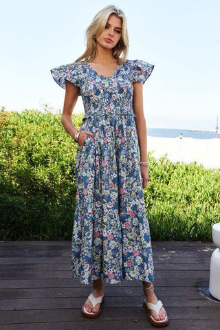 Davi & Dani Vintage Garden Floral Flutter Smocking Midi Dress - SwagglyLife Home & Fashion