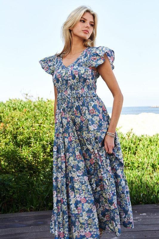 Davi & Dani Vintage Garden Floral Flutter Smocking Midi Dress - SwagglyLife Home & Fashion