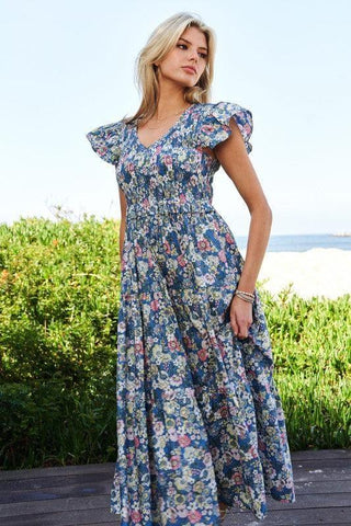 Davi & Dani Vintage Garden Floral Flutter Smocking Midi Dress - SwagglyLife Home & Fashion