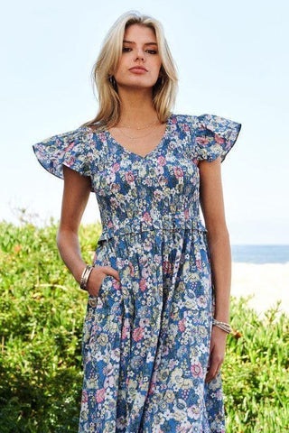 Davi & Dani Vintage Garden Floral Flutter Smocking Midi Dress - SwagglyLife Home & Fashion