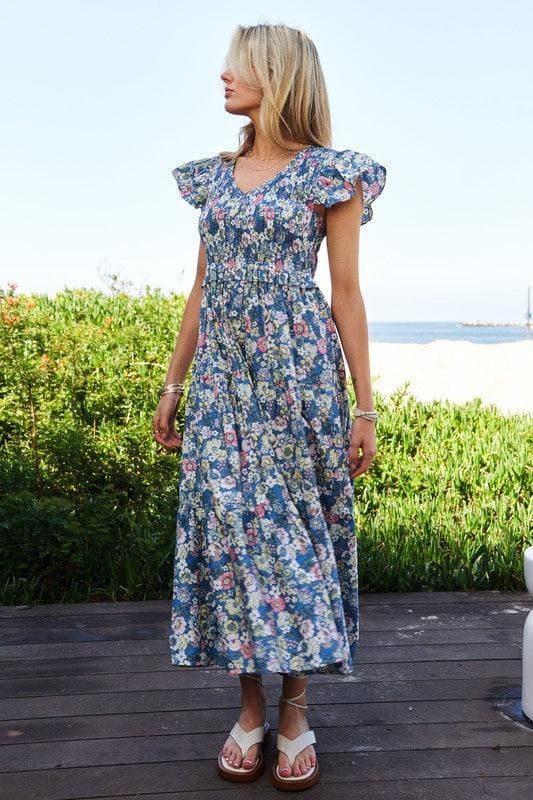 Davi & Dani Vintage Garden Floral Flutter Smocking Midi Dress - SwagglyLife Home & Fashion