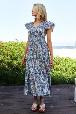 Davi & Dani Vintage Garden Floral Flutter Smocking Midi Dress - SwagglyLife Home & Fashion