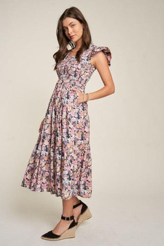 Davi & Dani Vintage Garden Floral Flutter Smocking Midi Dress - SwagglyLife Home & Fashion