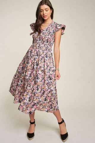 Davi & Dani Vintage Garden Floral Flutter Smocking Midi Dress - SwagglyLife Home & Fashion