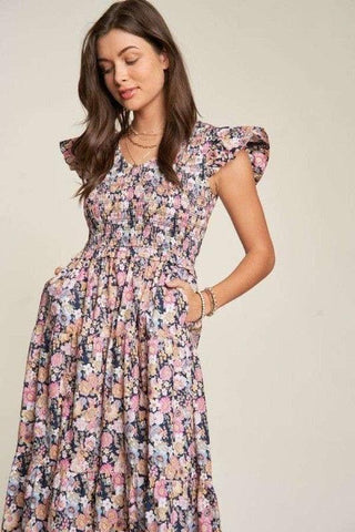 Davi & Dani Vintage Garden Floral Flutter Smocking Midi Dress - SwagglyLife Home & Fashion