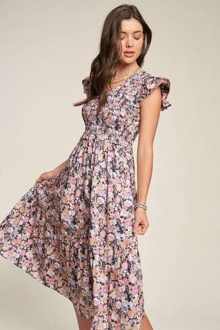 Davi & Dani Vintage Garden Floral Flutter Smocking Midi Dress - SwagglyLife Home & Fashion