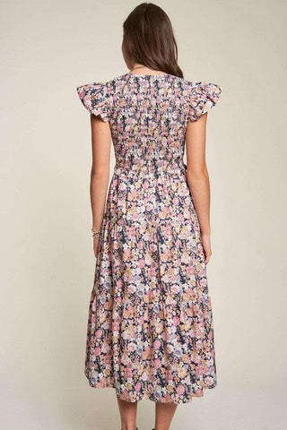 Davi & Dani Vintage Garden Floral Flutter Smocking Midi Dress - SwagglyLife Home & Fashion