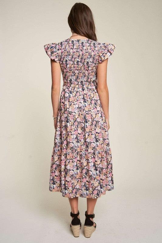 Davi & Dani Vintage Garden Floral Flutter Smocking Midi Dress - SwagglyLife Home & Fashion