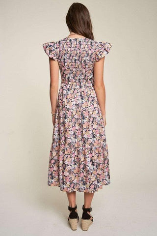 Davi & Dani Vintage Garden Floral Flutter Smocking Midi Dress - SwagglyLife Home & Fashion