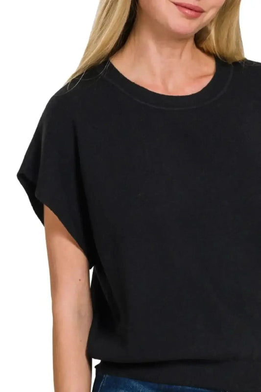 Zenana Round Neck Short Dolman Sleeve Sweater in - photo