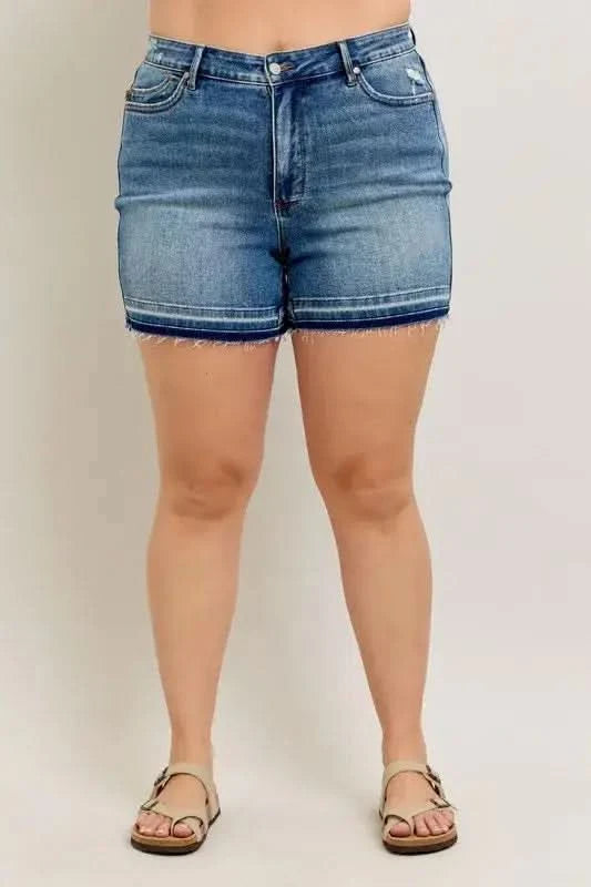 Judy Blue Plus Size Mr Tummy Control Vintage Wash Release Hem Shorts in - photo