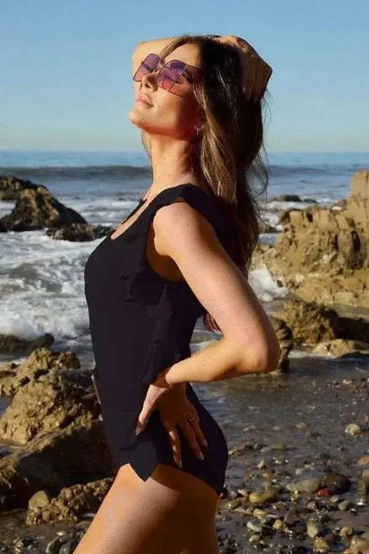 Davi & Dani Solid One Shoulder Ruffle One Piece Swimsuit in - photo