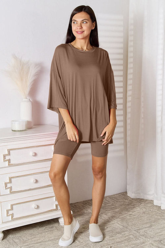 Basic Bae Full Size Soft Rayon Three-Quarter Sleeve Top and Shorts Set in Mocha - Sets photo