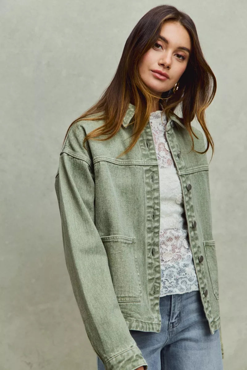 SO ME Vintage Washed Button Twill Shacket in - photo