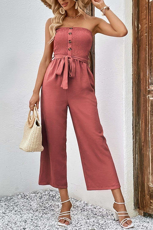Decorative Button Strapless Smocked Jumpsuit with Pockets in - Jumpsuits photo