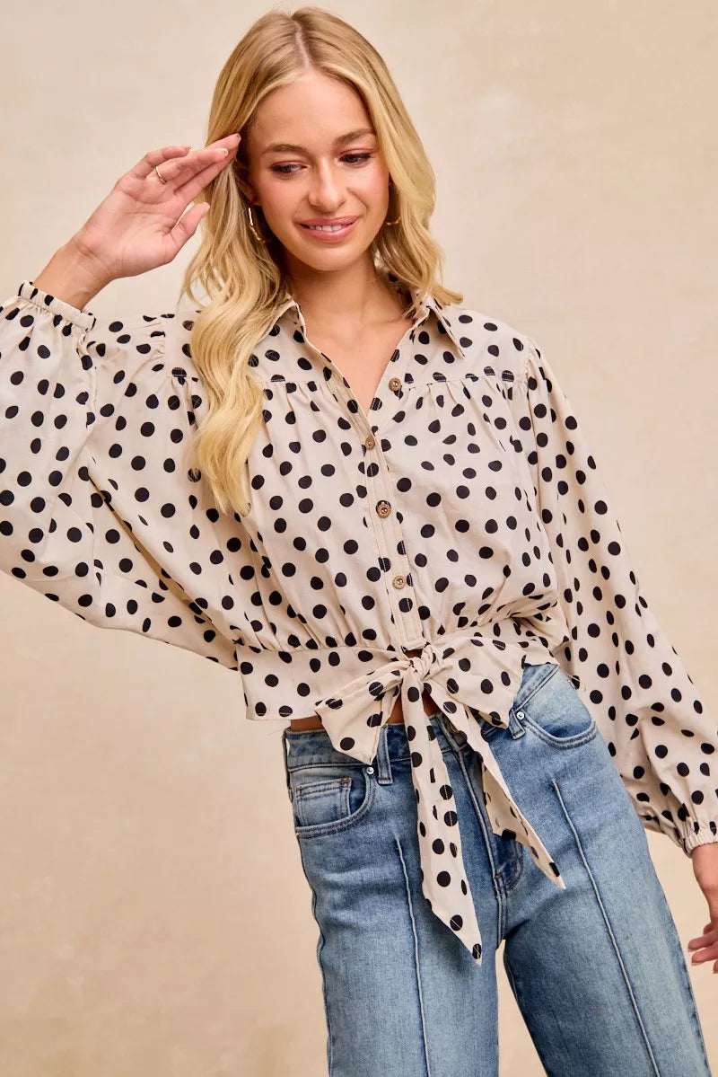 BiBi Polka Dot Print Tie Hem Detail Crop Shirt in - photo