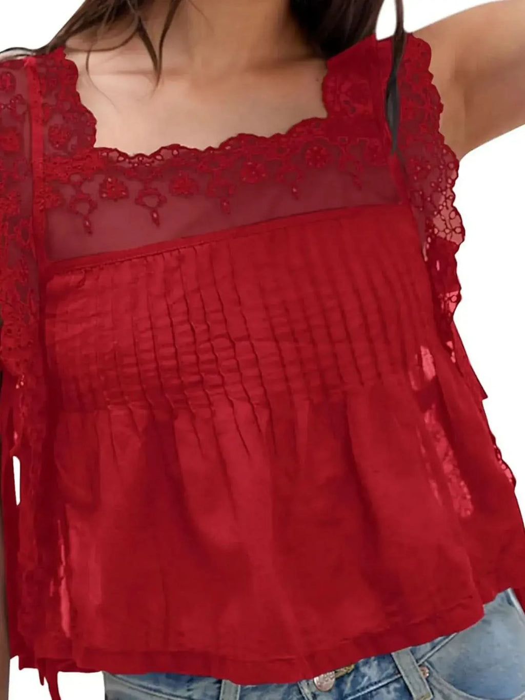 Lace-Trimmed Eyelet Square Neck Top - SwagglyLife Home & Fashion