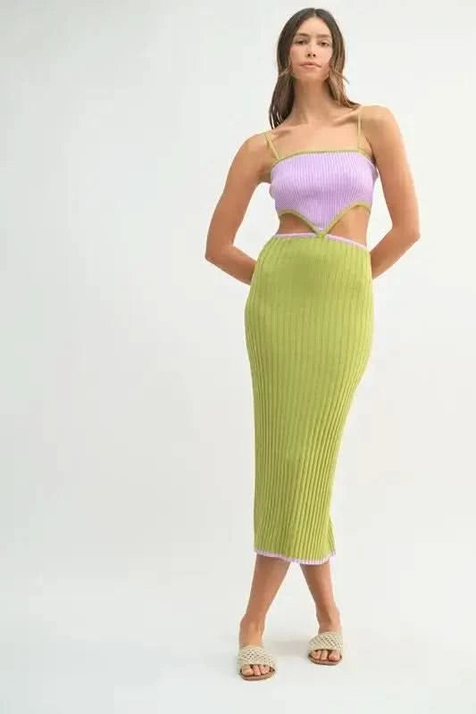 MABLE Ribbed Knit Color Block Cutout Midi Dress in - photo