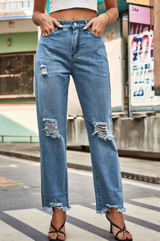 Distresssed Buttoned Loose Fit Jeans in Medium - Pants photo
