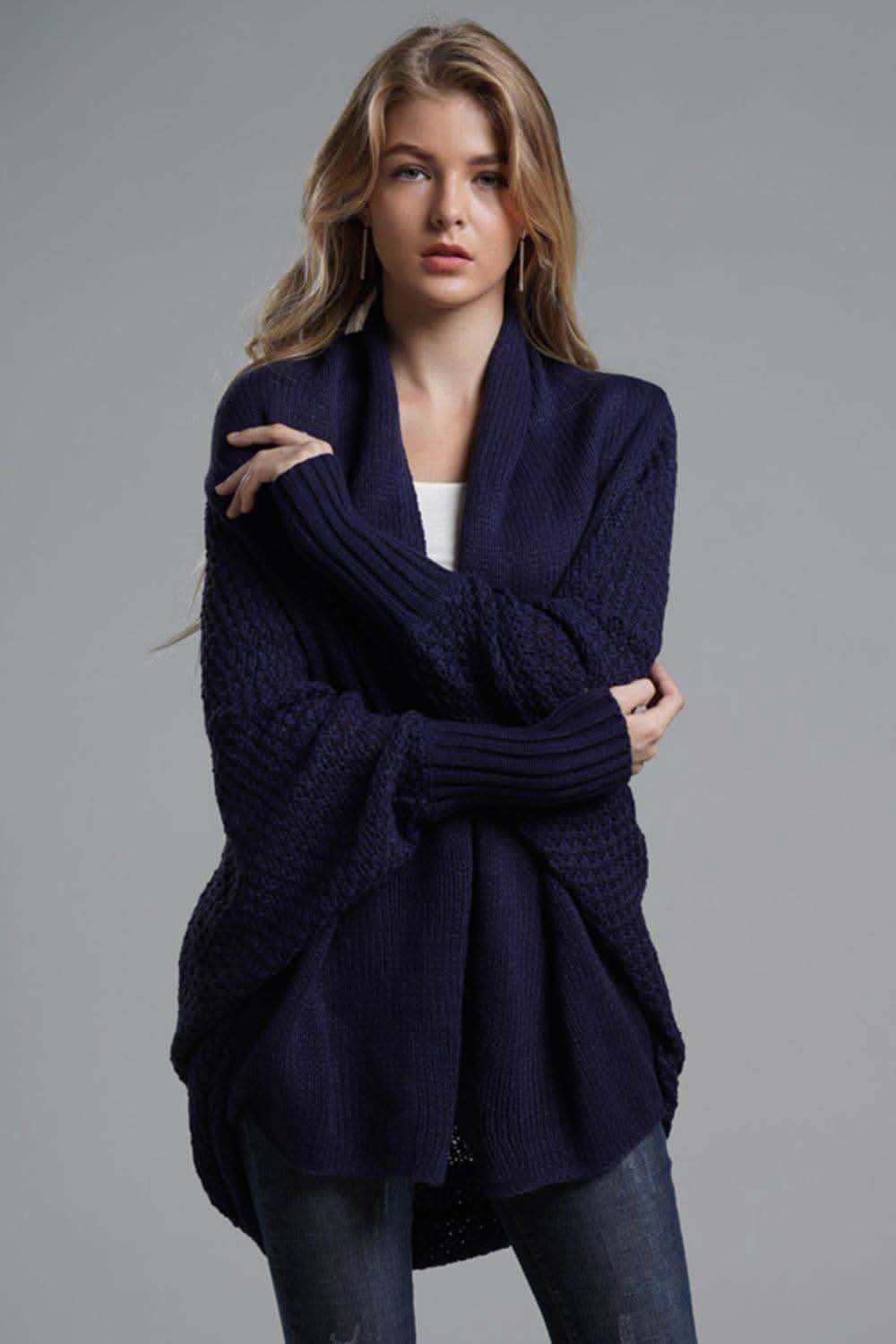 Double Take Dolman Sleeve Open Front Ribbed Trim Longline Cardigan - Navy One Size | SwagglyLife