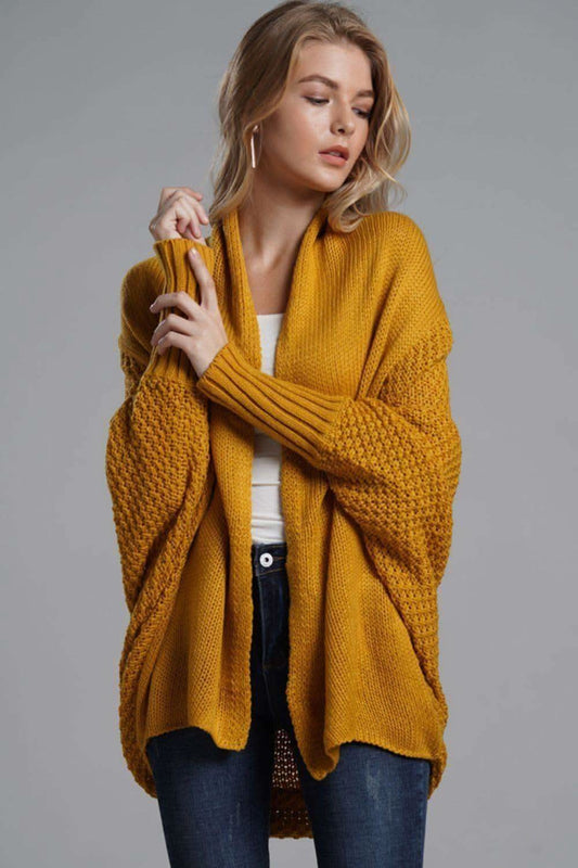 Double Take Dolman Sleeve Open Front Ribbed Trim Longline Cardigan in Mustard One Size - Shirts & Tops photo