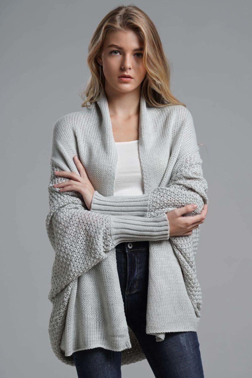 Double Take Dolman Sleeve Open Front Ribbed Trim Longline Cardigan - Gray One Size | SwagglyLife
