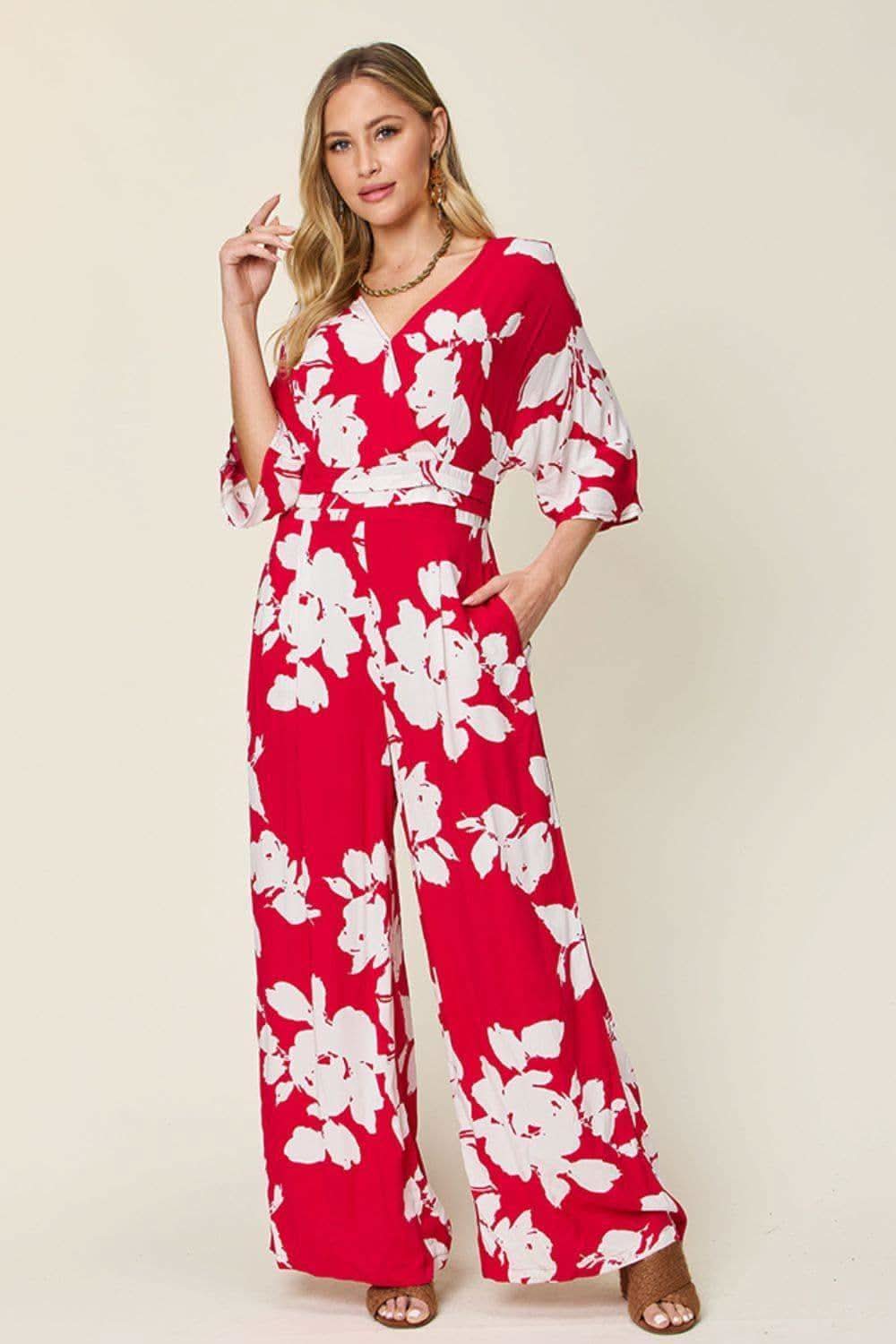 Double Take Full Size Printed Tie Back Wide Leg Jumpsuit - SwagglyLife Home & Fashion