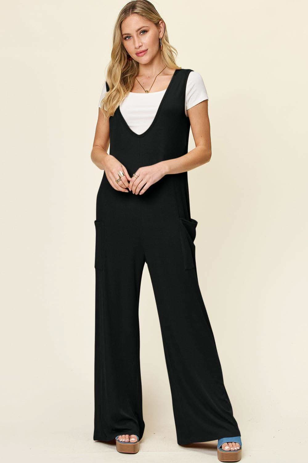 Double Take Full Size Sleeveless Wide Leg Jumpsuit with Pockets - SwagglyLife Home & Fashion