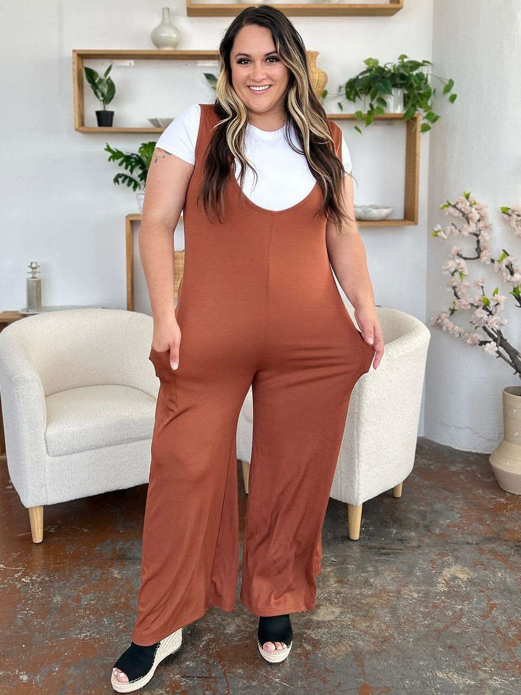Double Take Full Size Sleeveless Wide Leg Jumpsuit with Pockets - SwagglyLife Home & Fashion
