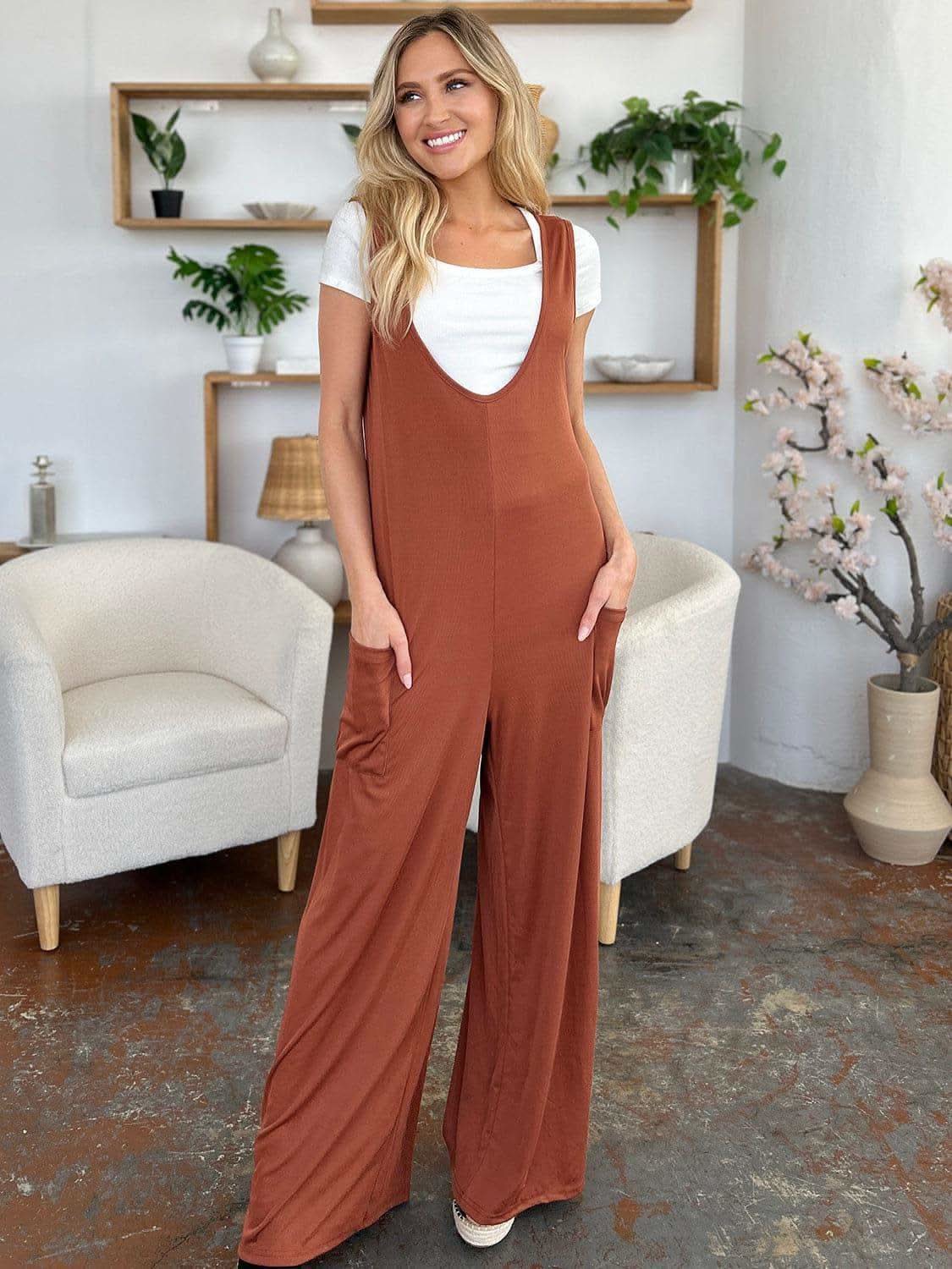 Double Take Full Size Sleeveless Wide Leg Jumpsuit with Pockets - SwagglyLife Home & Fashion