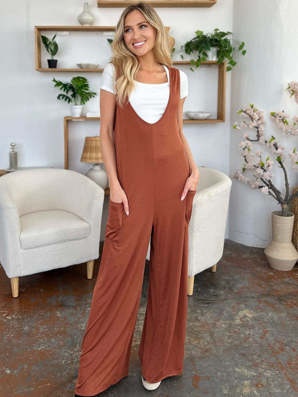 Double Take Full Size Sleeveless Wide Leg Jumpsuit with Pockets - SwagglyLife Home & Fashion