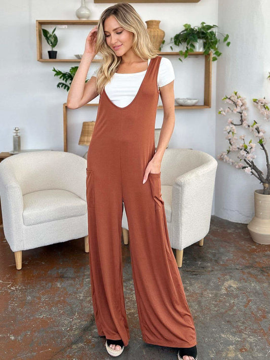 Double Take Full Size Sleeveless Wide Leg Jumpsuit with Pockets in - photo