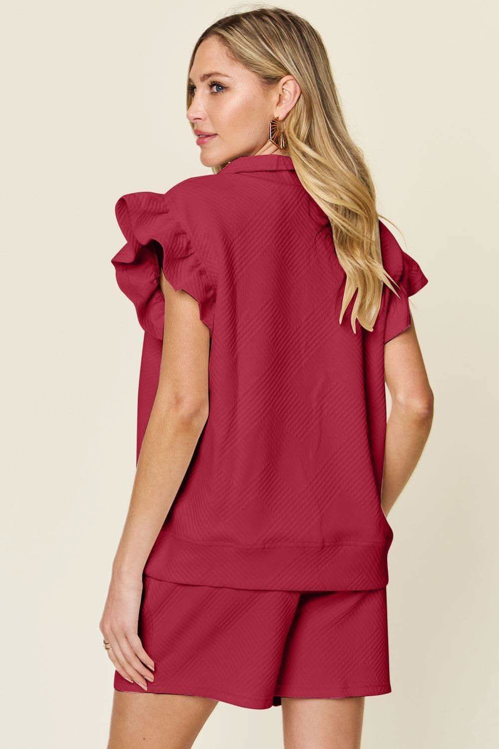 Double Take Texture Flounce Sleeve Top and Drawstring Shorts Set - SwagglyLife Home & Fashion
