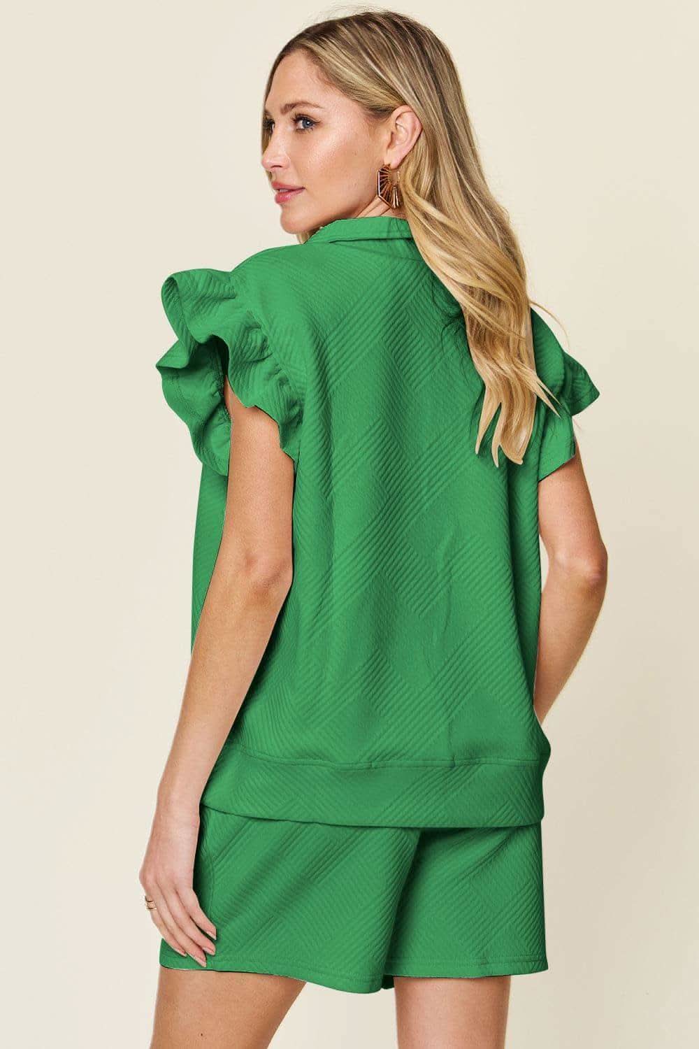 Double Take Texture Flounce Sleeve Top and Drawstring Shorts Set - SwagglyLife Home & Fashion