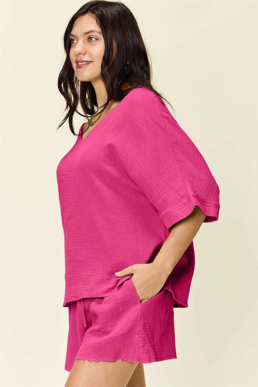 Double Take Texture Half Sleeve T-Shirt and Drawstring Shorts Set - SwagglyLife Home & Fashion