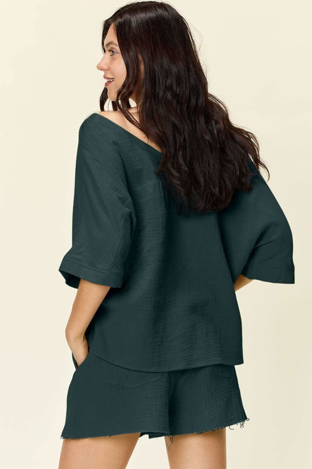 Double Take Texture Half Sleeve T-Shirt and Drawstring Shorts Set - SwagglyLife Home & Fashion