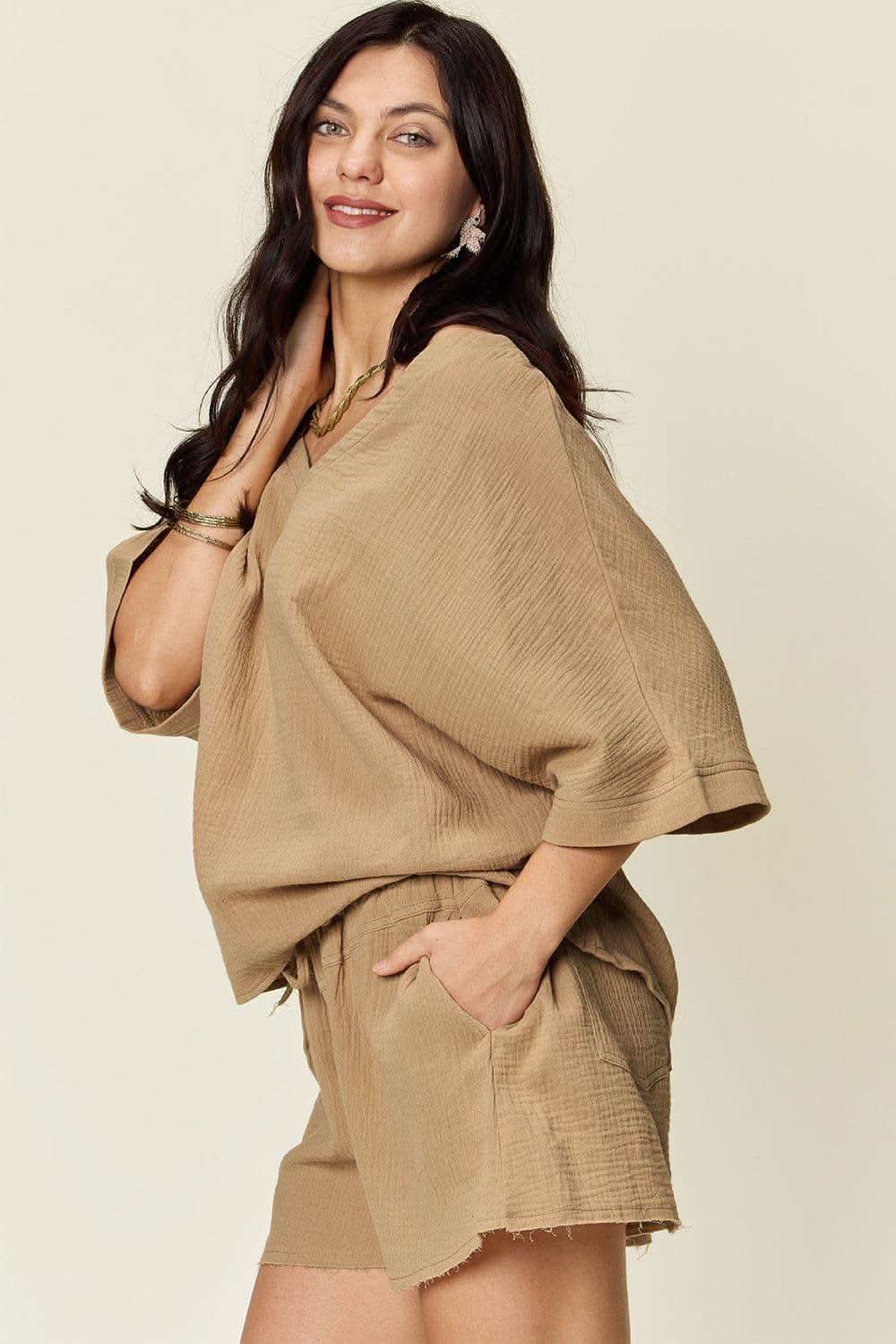 Double Take Texture Half Sleeve T-Shirt and Drawstring Shorts Set - SwagglyLife Home & Fashion