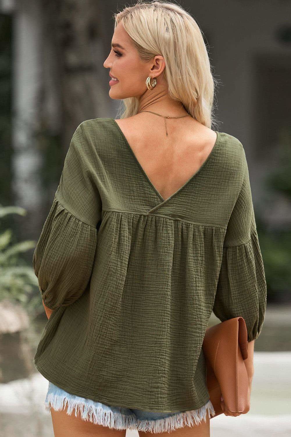 Dropped Shoulder V-Neck Blouse, 7 Colors - SwagglyLife Home & Fashion