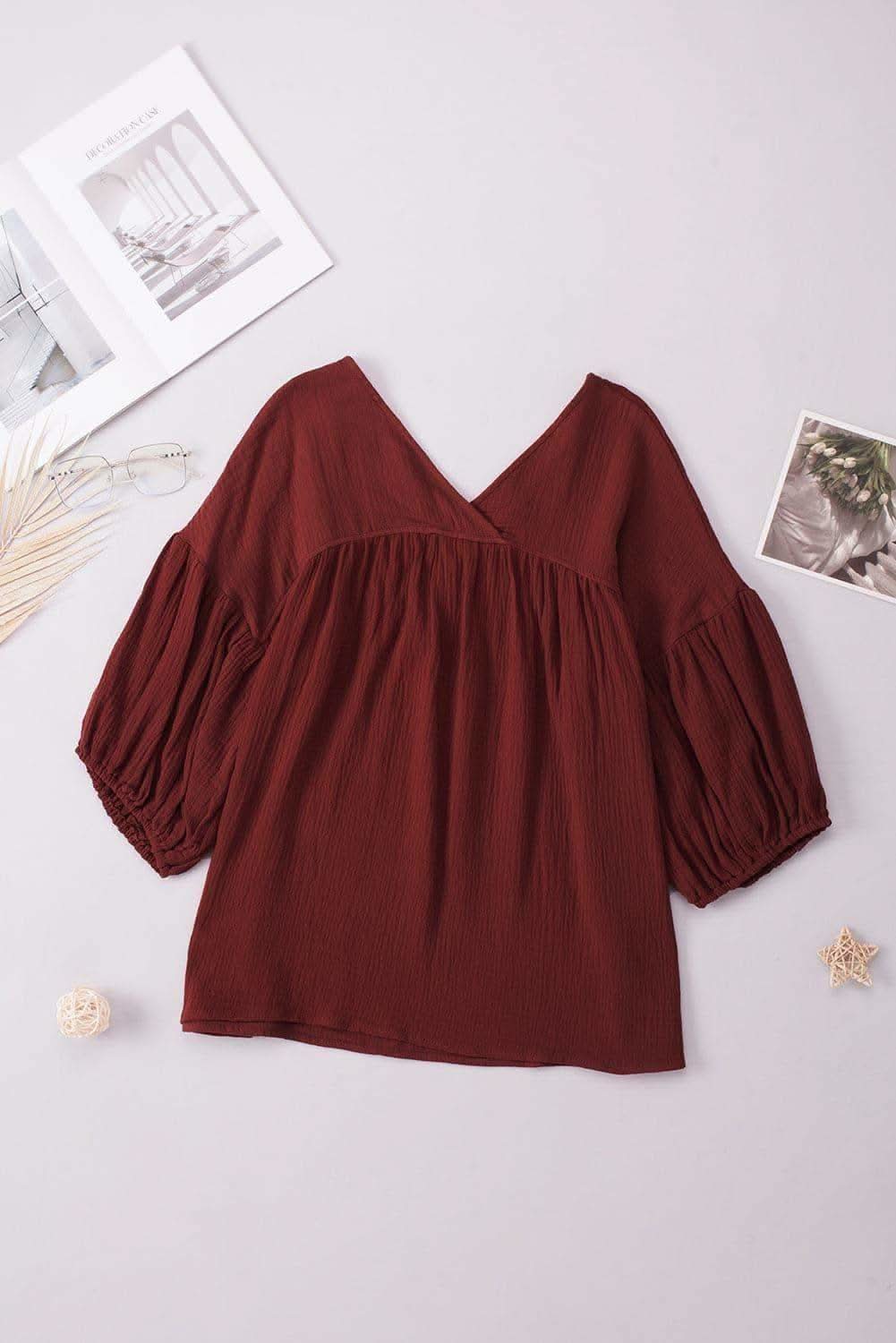 Dropped Shoulder V-Neck Blouse, 7 Colors - SwagglyLife Home & Fashion