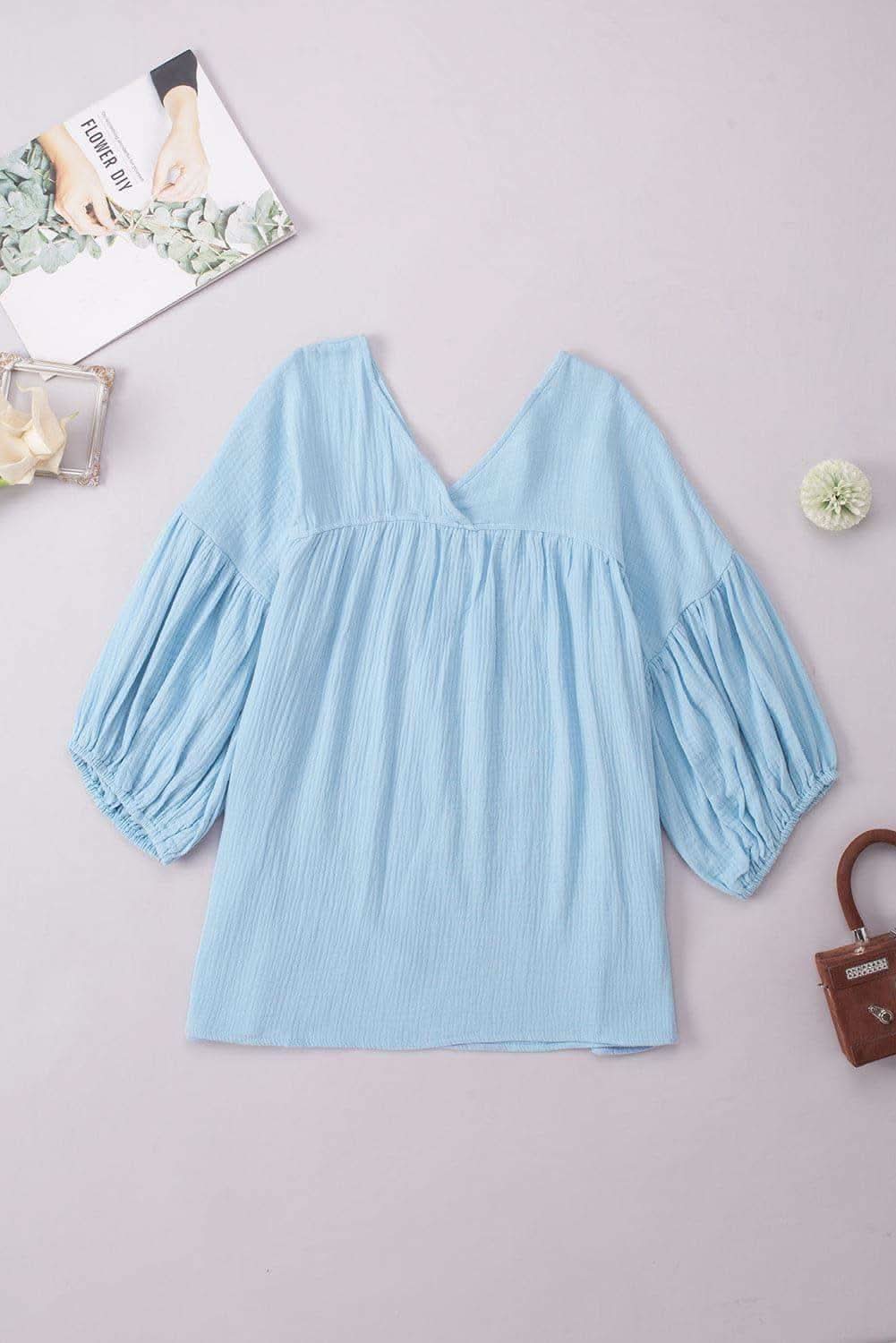 Dropped Shoulder V-Neck Blouse, 7 Colors - SwagglyLife Home & Fashion