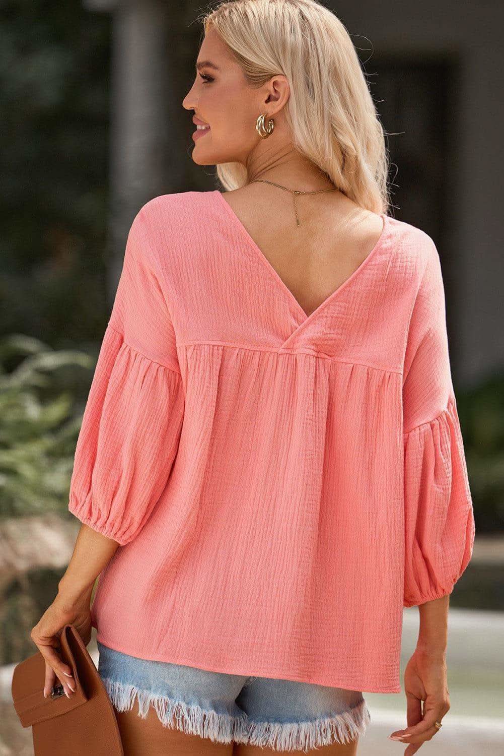 Dropped Shoulder V-Neck Blouse, 7 Colors - SwagglyLife Home & Fashion