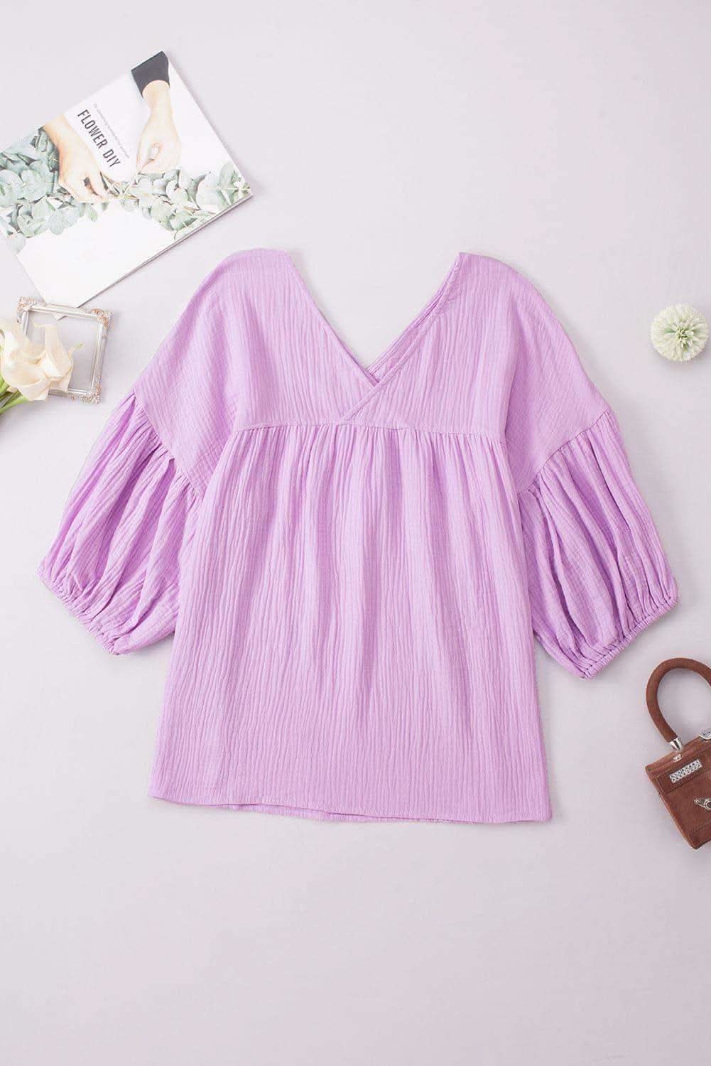 Dropped Shoulder V-Neck Blouse, 7 Colors - SwagglyLife Home & Fashion